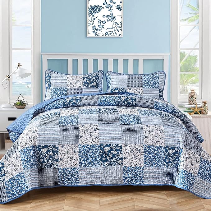 Mybedsoul Blue Quilt Set Full Size, Patchwork Reversible Bedding Set | Soft by Mybedsoul