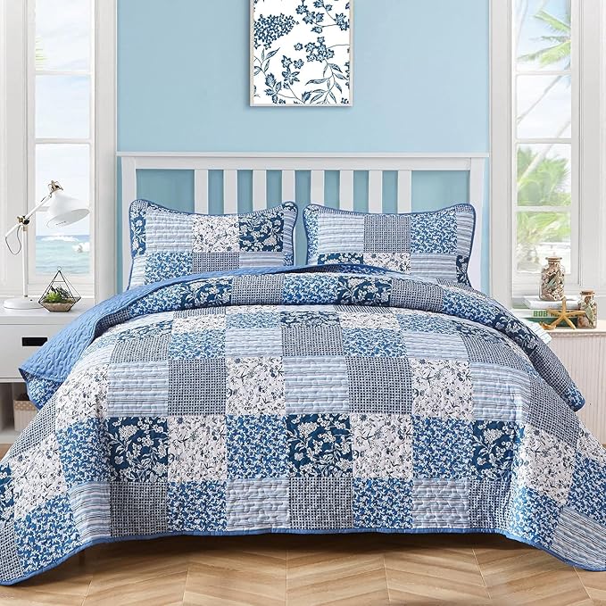 Mybedsoul Blue Quilt Set California King, Patchwork Reversible Bedding Set | by Mybedsoul