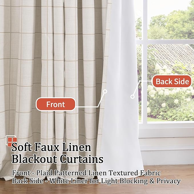 Plaid Curtains 90 Inches Long, 2 Panels Each 52 Wide, Natural | Linen Textured - Image 3