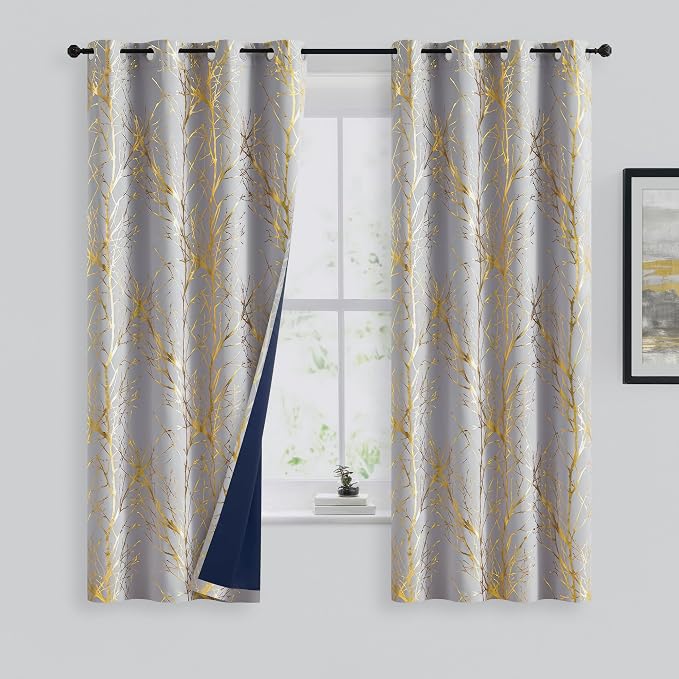 FMFUNCTEX 100% Blackout Grey Gold Foil Tree Curtains 63 Inch Long 2 Panels | - Image 2