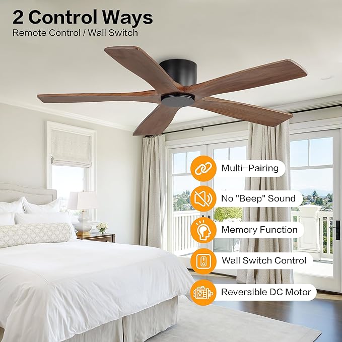 WINGBO 48" Flush Mount DC Ceiling Fans without Lights, 5 Carved Solid Wood Blades, 6-Speed Reversible DC Motor, Low Profile Hugger Ceiling Fan No Lights for Living Room Bedroom Patio, Black and Walnut