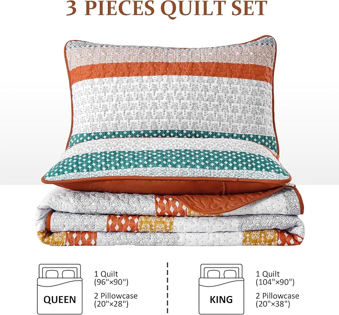 WONGS BEDDING Orange King Size 3-Piece Quilt Set, Boho Stripe Bedspread | - Image 7