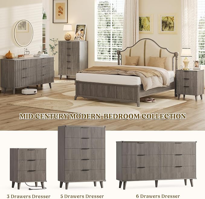 Wood Bedside Table w/Charging Station, 3 Drawers Fluted Dresser | Dark Grey - Image 6