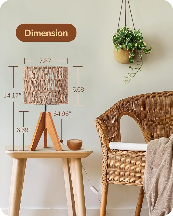 EDISHINE Rattan Small Table Lamp, Boho Nightstand Lamp, E26 Base | Natural Style - Image 5