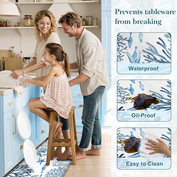 Kitchen Mats for Floor Cushioned Anti Fatigue Sets of 2 Coastal Kitchen Rugs Non Slip Waterproof Nautical Foam Kitchen Floor Rug Beach Theme Coral Fish Comfort Standing Mat for Sink Laundry, Blue