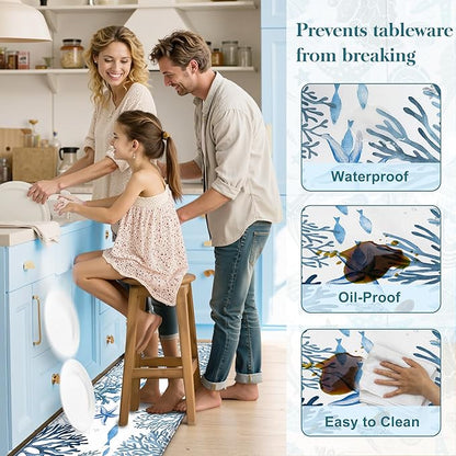 Kitchen Mats for Floor Cushioned Anti Fatigue Sets of 2 Coastal Kitchen Rugs Non Slip Waterproof Nautical Foam Kitchen Floor Rug Beach Theme Coral Fish Comfort Standing Mat for Sink Laundry, Blue