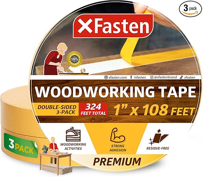 XFasten Double Sided Woodworking Tape 1 Inch x 108 Feet (3-Pack), Residue-Free, Removable Double Sided Woodworking Masking Tape for Wood Template, Mounting Boards MDF Edge Banding, Routing, Anchoring