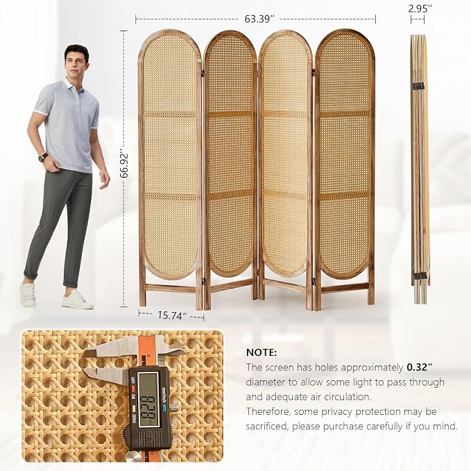 4 Panel Rattan Room Divider, Folding Room Divider Screen, Natural | Pine Wood - Image 7