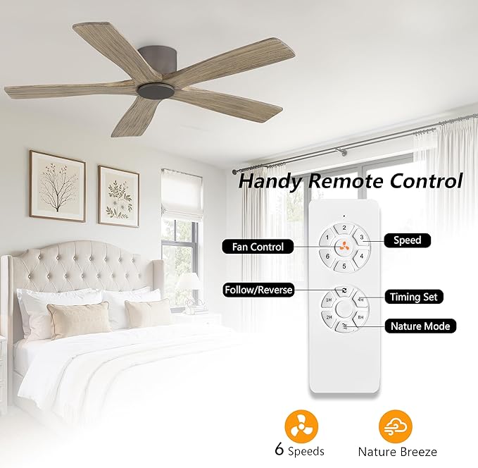 WINGBO 54" Flush Mount DC Ceiling Fans without Lights, 5 Carved Solid Wood Blades, 6-Speed Reversible DC Motor, Low Profile Hugger Ceiling Fan No Light for Living Room Bedroom Patio, Graphite and Gray