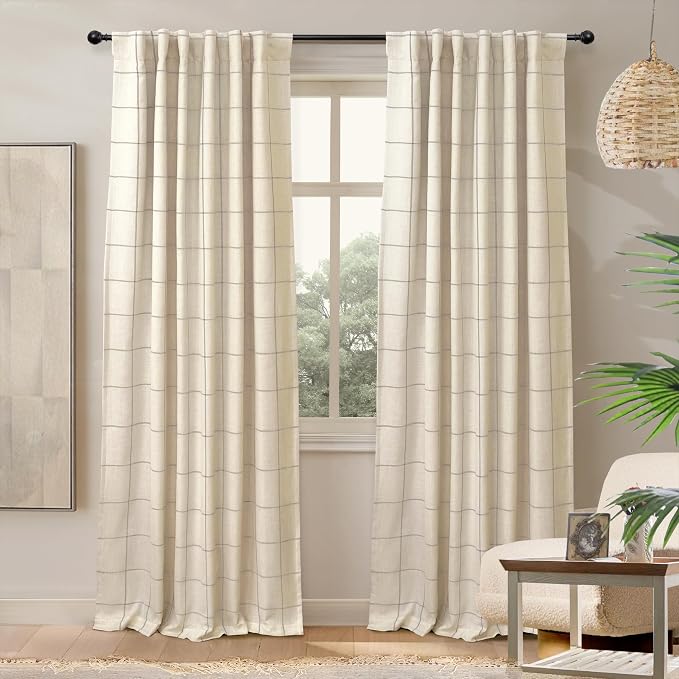 DriftAway 100% Blackout Plaid Linen Curtains 84 Inches Long 2 Panels Taupe | by DriftAway