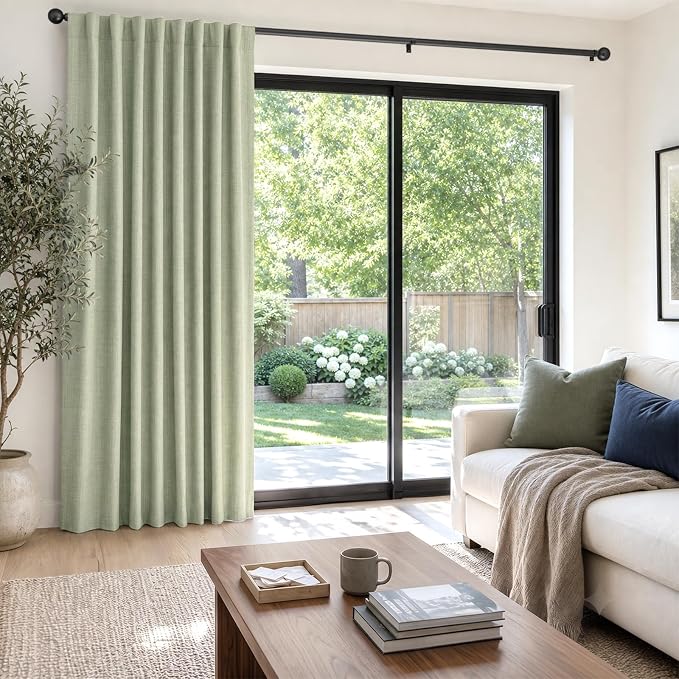 Faux Linen Total Blackout Sliding Door Curtains 84 Inches Long, Sage | 100% - Image 5