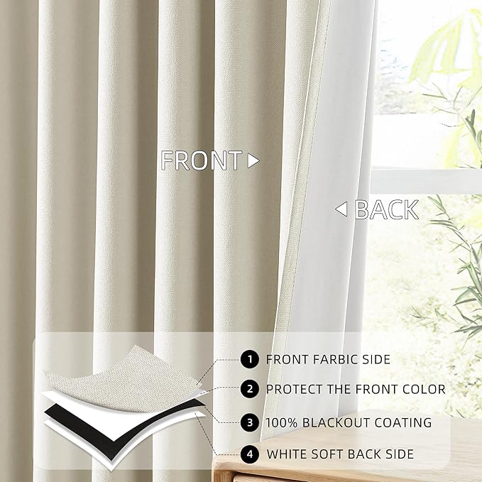ChrisDowa 100% Blackout Birch Solid Curtains 72 Inches Long 2 Panels for Bedroom Living Room,Farmhouse Room Darkening Thermal Insulated Soundproof Grommet Top Window Treatment Drapes,52x72