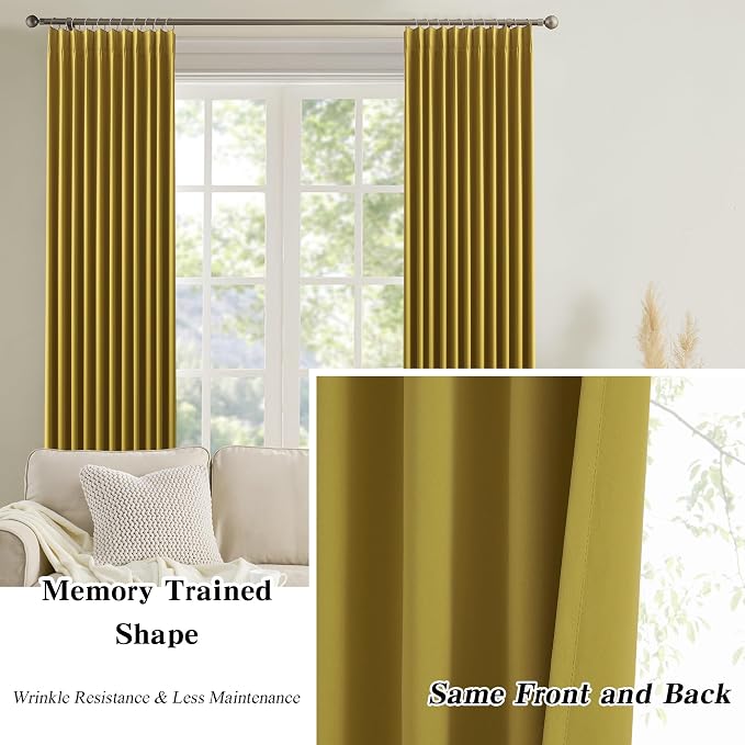 Yellow Pinch Pleated Curtains 92 Inch Length 2 Panels Set Noise Cancelling - Image 6