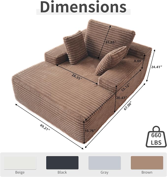 Oversized Chaise Lounge Chair Indoor, Plush Corduroy Boneless Sofa Bed - Image 2