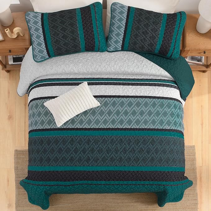 Dinjoy Boho Striped Quilts, Bedspread Queen Size Bedding Sets, Dark Green | 3 - Image 7