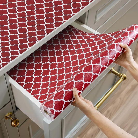 Shelf and Drawer Liner for Kitchen Cabinets Non-Adhesive, Strong Grip Non-Slip Thickened Cabinet Liners for Shelves, Waterproof Mats for Dresser Cupboard, Red/White, 23 in x 20 Feet