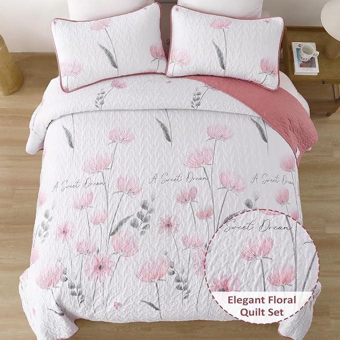 Dinjoy Quilt Set King, 3 Pieces Pink Boho Floral Bedspreads, Fall Bedding | - Image 2