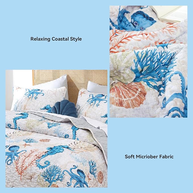 weigelia Coastal Quilt King Size, Seahorse Lightweight Summer Bedding | - Image 5