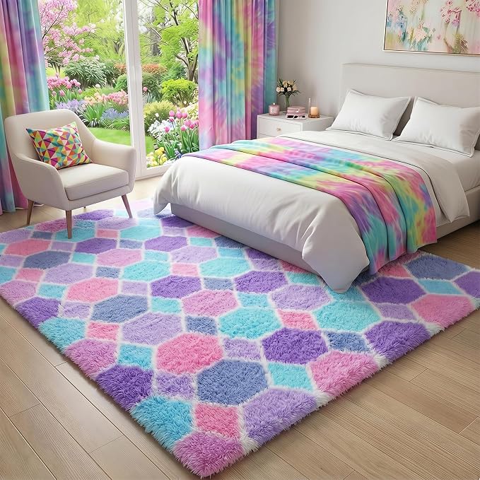Checkered 6x9 Area Rugs for Living Room, Fluffy Purple Rainbow Colorful Rug for - Image 5