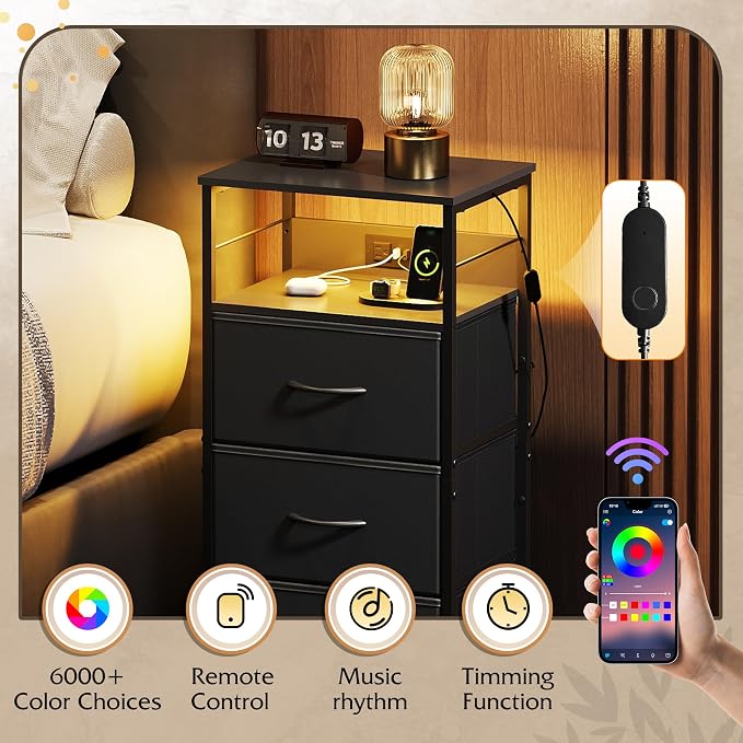 WLIVE Nightstand with Charging Station, 31.9" H Nightstand with 3 Fabric Drawers - Image 5
