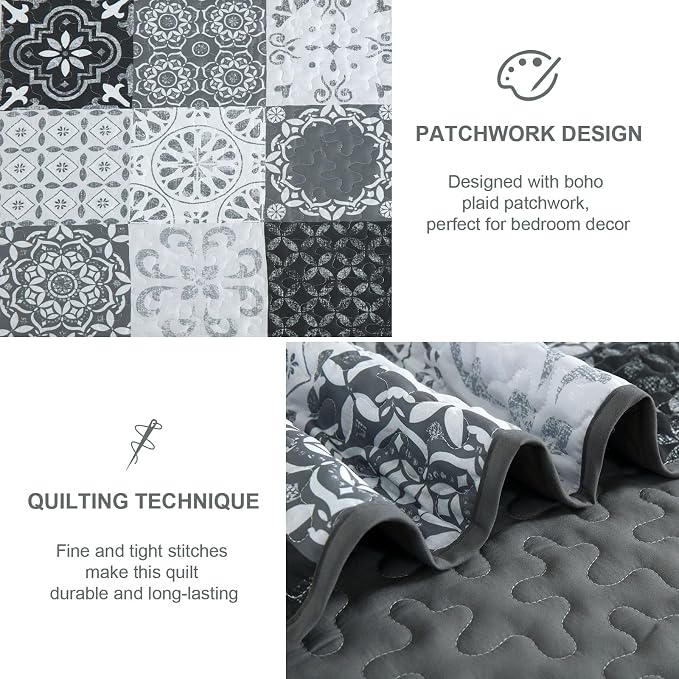 Dobuyly Quilt Set King Size, Boho Plaid Patchwork Bedspreads, Lightweight Soft - Image 5