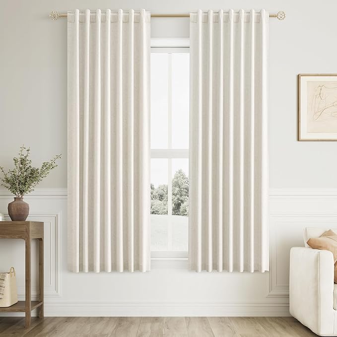 100% Blackout Linen Curtains for Bedroom 66 Inches Long Natural Cream Black Out by Guken