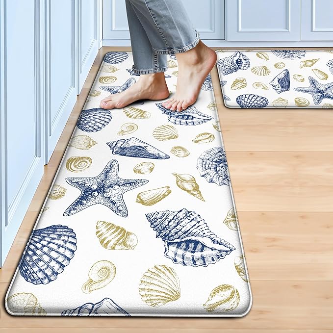 Kitchen Mats for Floor Cushioned Anti Fatigue Sets of 2 Beach Theme Kitchen Rugs Non Slip Waterproof Coastal Foam Kitchen Floor Rug Nautical Seashell Comfort Standing Mat for Sink Laundry, Navy