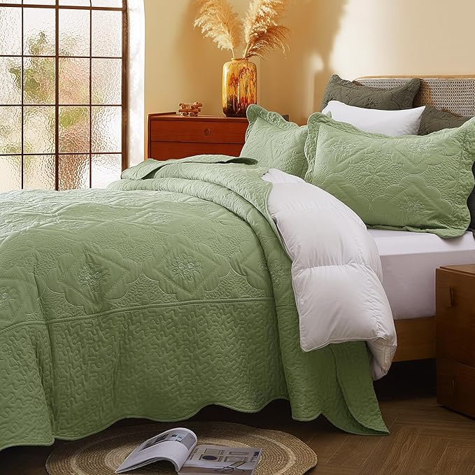 Cmfshape Floral Embroidery Quilt Set, 3 Pieces Queen Quilt Bedding Set - Image 5