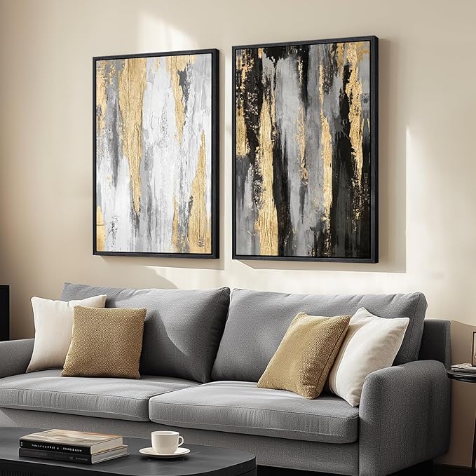 Large Framed Elegant Black White Gold Wall Art by Cuspin