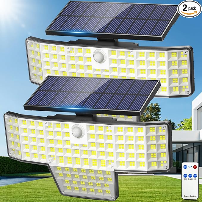 Adewalk Solar Lights Outdoor, 2PACK 448 LED Wall-Mounted Flood Light, 3500LM IP65 Waterproof Solar Street Lights with Motion Sensor and Remote Control for Dusk-to-Dawn Illumination