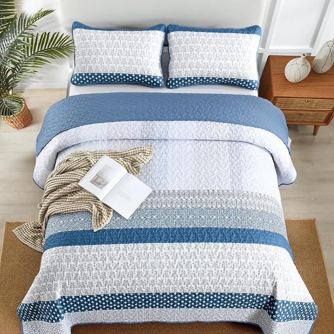 WONGS BEDDING Blue Queen Size Quilt Set, 3-Piece Boho Stripe Bedspread | - Image 3