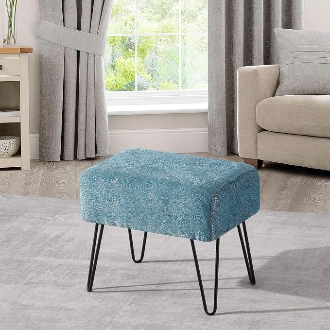 Home Soft Things Blue Jacquard Chenille Ottoman, Babati-Turquoise, Fuzzy Entry - Image 4