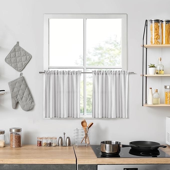 ZJDECOR Cotton Blended Beige Striped Kitchen Tier Curtains, Semi Sheer by ZJDECOR