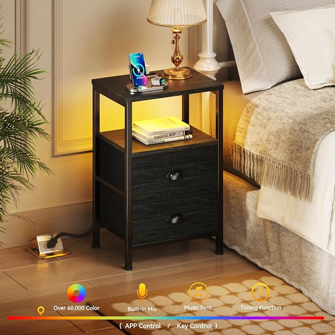 Furologee Night Stand with LED Light, Charging Station, 2 Drawer, 2 Fabric - Image 5