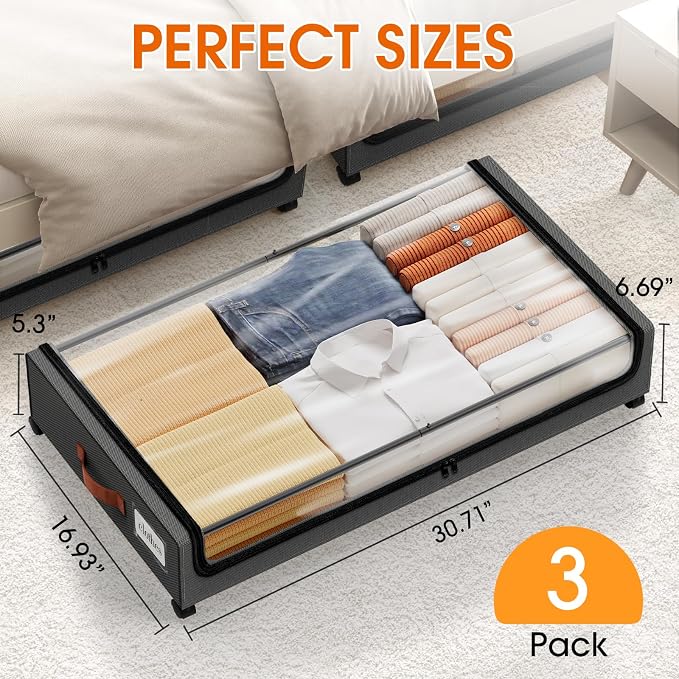 Under Bed Storage with Wheels 3Pack Storage Containers with Clear Window | - Image 2