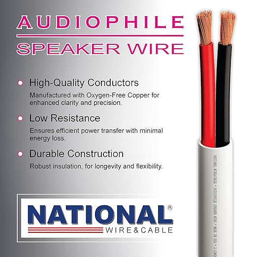NATIONAL Wire&Cable - 12/2 Audiophile Speaker Wire (100 Feet) 12AWG Gauge - Made in USA - in Wall Audio Speaker Wire Cable/CL Rated/ETL Listed / 2 Conductors - OFC Oxygen-Free Copper, White 100ft