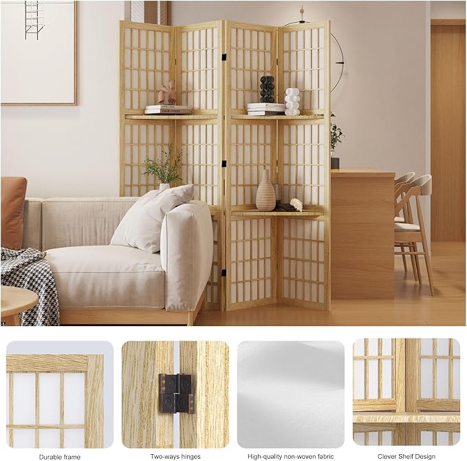 Room Divider with Shelves, 66.9-Inch Tall Japanese Shoji Style Wood Screen with - Image 2