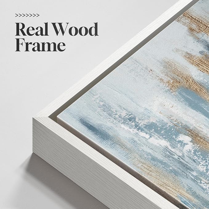 Large White Framed Blue and Gold Abstract Wall Art - Image 5