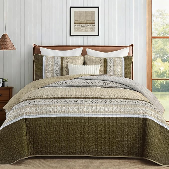 Cottolester Fall Quilt Set King, Soft Brown Striped Texture Bedspread 3 Pcs | by Cottolester