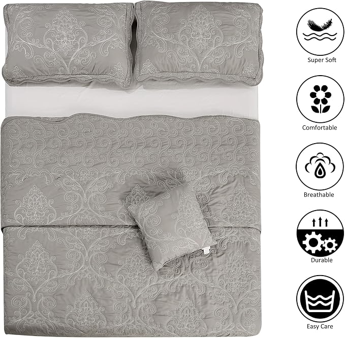 Home Soft Things Damask 4 Piece Bedspread Set, Scalloped Edge Reversible Quilt - Image 3