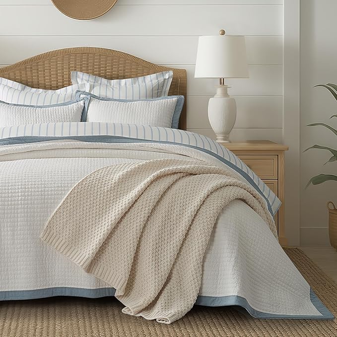 Cotton Border Frame Tack-Stitch Quilt Bedding Set King Size, Coastal Oversized - Image 6