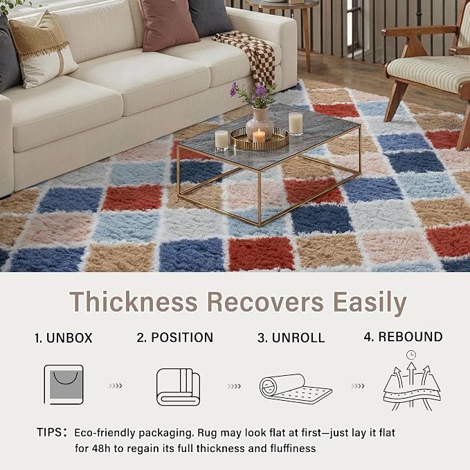 6x9 Checkered Rug for Living Room Rainbow Modern Soft Area Rug Fluffy Non-Slip - Image 5