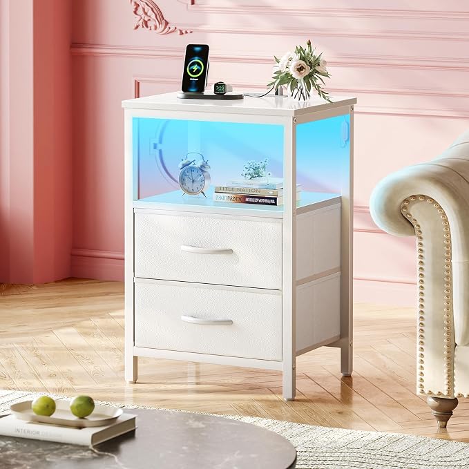 Huuger Night Stand with Charger Station and LED Lights, 2 Drawer Nightstand | - Image 2