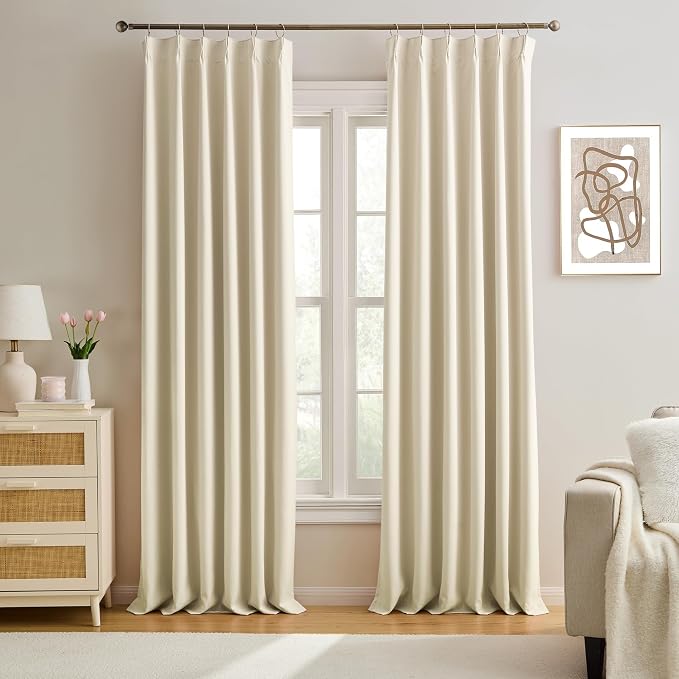 Pinch Pleated Cream Beige Curtains 120 Inches Long by KEQIAOSUOCAI