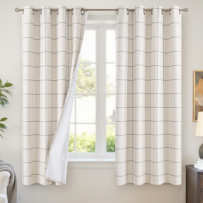 Plaid Blackout Curtains for Bedroom, 52x63 Inch 2 Panels, Dark Grey | Boho by Lajode