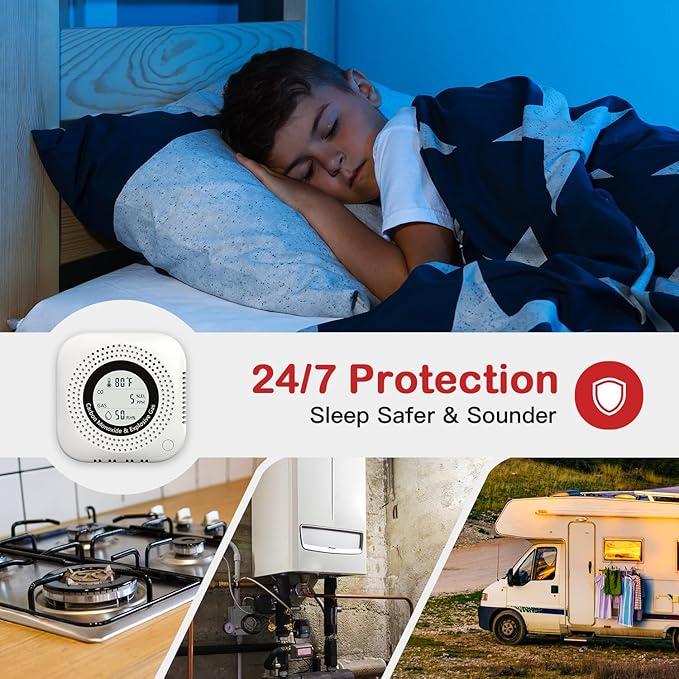 4-in-1 Carbon Monoxide & Natural Gas Leak Detector, Foldable Plug-in CO/Gas Alarm with Temperature & Humidity Display for Home, Apartment, RV