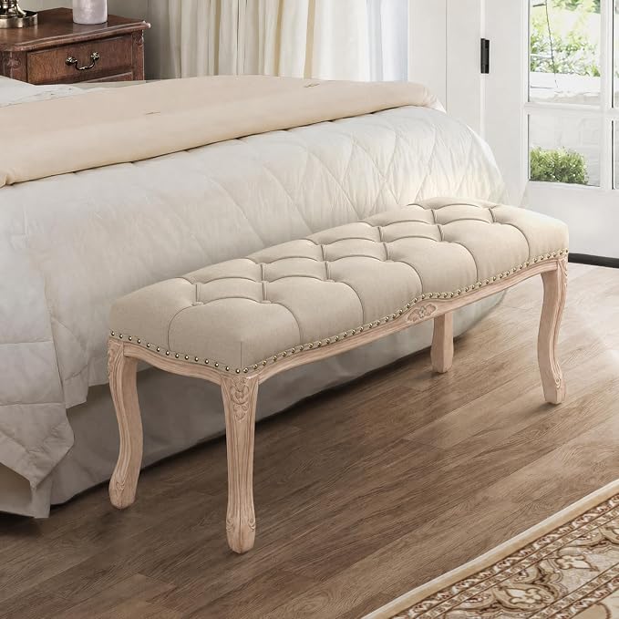 Bedroom Bench, French Vintage Tufted Entryway Bench, 45.2" Carving Upholstered - Image 2