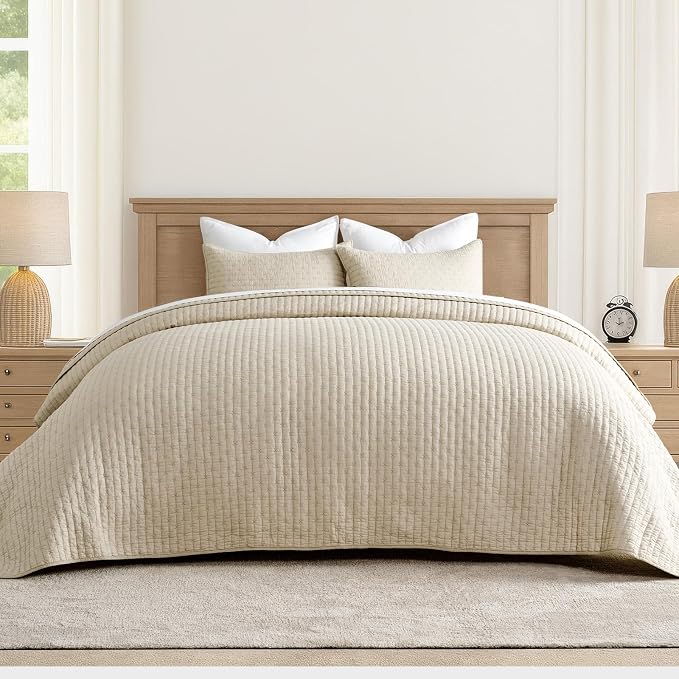 100% Cotton Cross Stitch 3-Piece Quilt Set, Flax Beige | Cross Stitch Cotton by EVERGRACEHOME