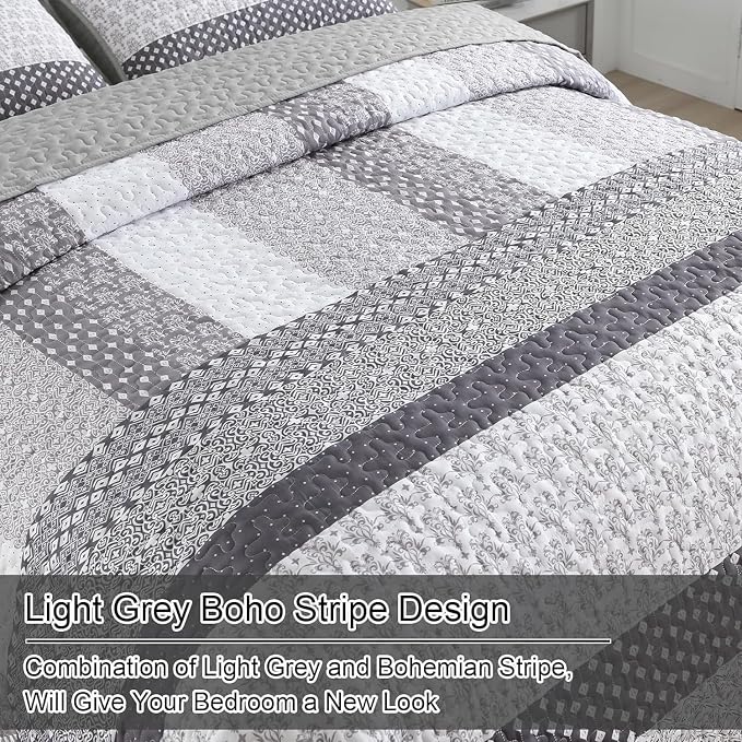 WONGS BEDDING Grey Full Size Quilt Set, Bohemian Striped Bedspreads | - Image 6