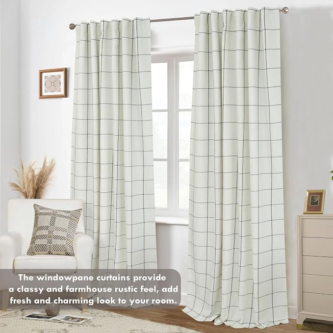 DriftAway 100% Blackout Plaid Linen Curtains 96 Inches Long 2 Panels Black | - Image 9